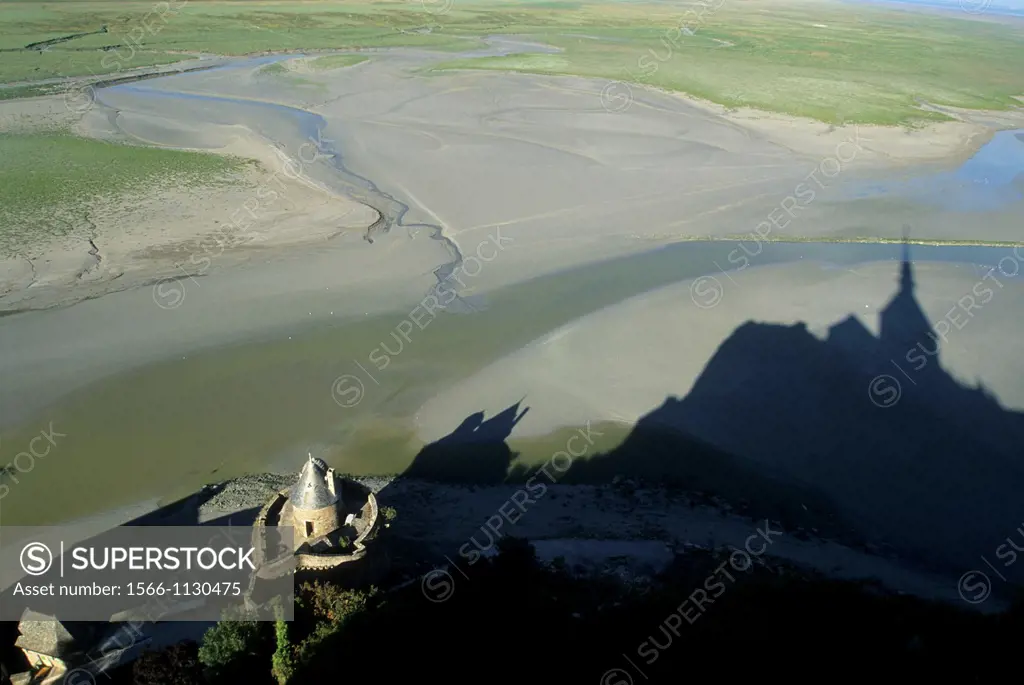 shadow of the monastery on the shore at low tide, Mont-Saint-Michel bay, Manche department, Normandy region, France, Europe