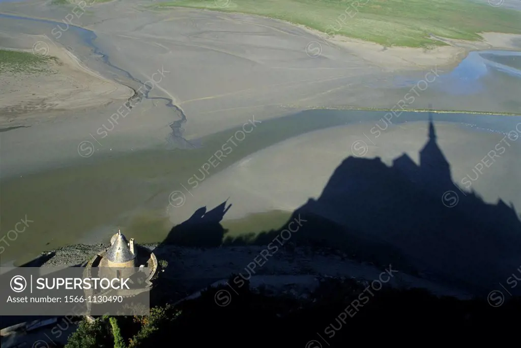 shadow of the monastery on the shore at low tide, Mont-Saint-Michel bay, Manche department, Normandy region, France, Europe