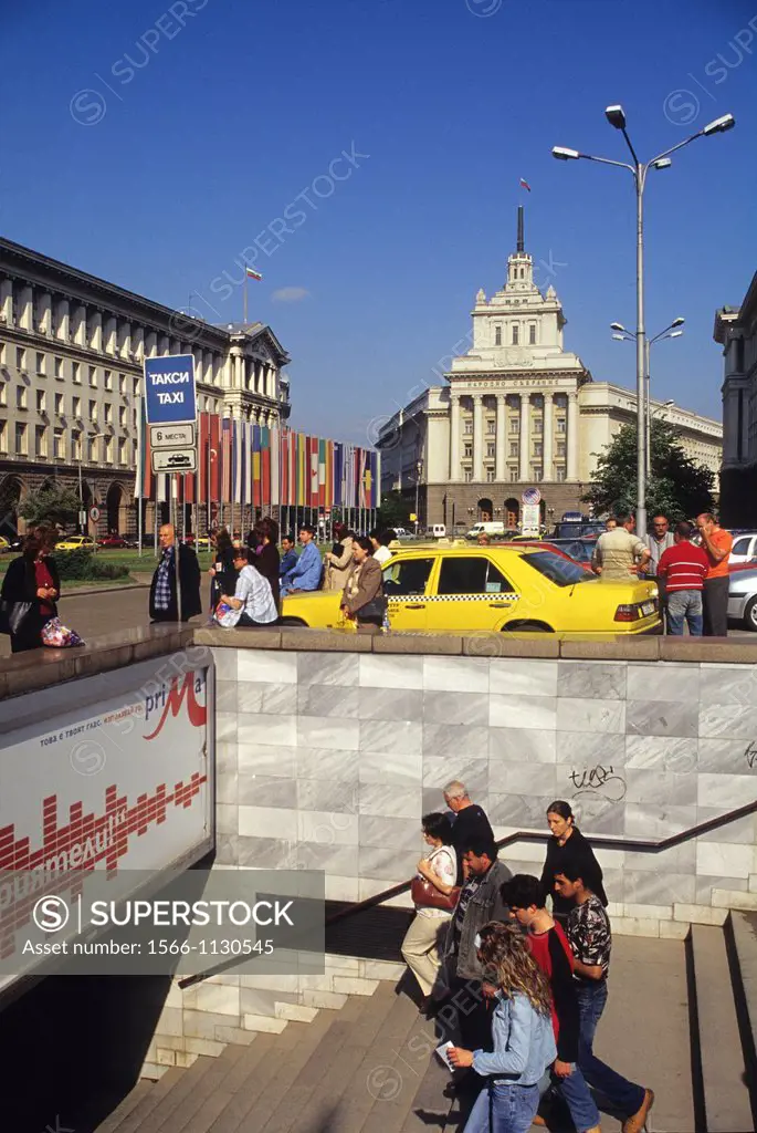 subway station with the former Communist Party building background, Independence Square so called Nezavisimost or Largo, Sofia, Bulgaria, Europe
