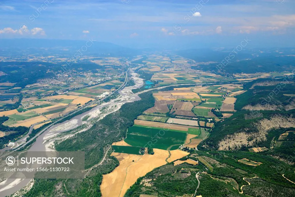 Aerial view of Durance valley and river, East of Manosque, Alpes de Haute Provence, France