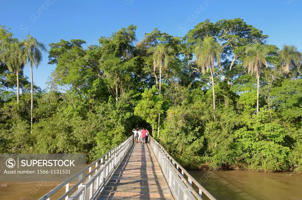 Argentina. Misiones. Iguazu Falls. Footbridge to The Garganta del Diablo Devil´s Throat, Upper Iguazu river. UNESCO World Heritage