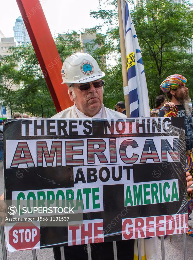 New York City, NY, USA, Protest, Occupy Wall Street, Activists, Construction Worker, Holding Sign Against Corporate Greed