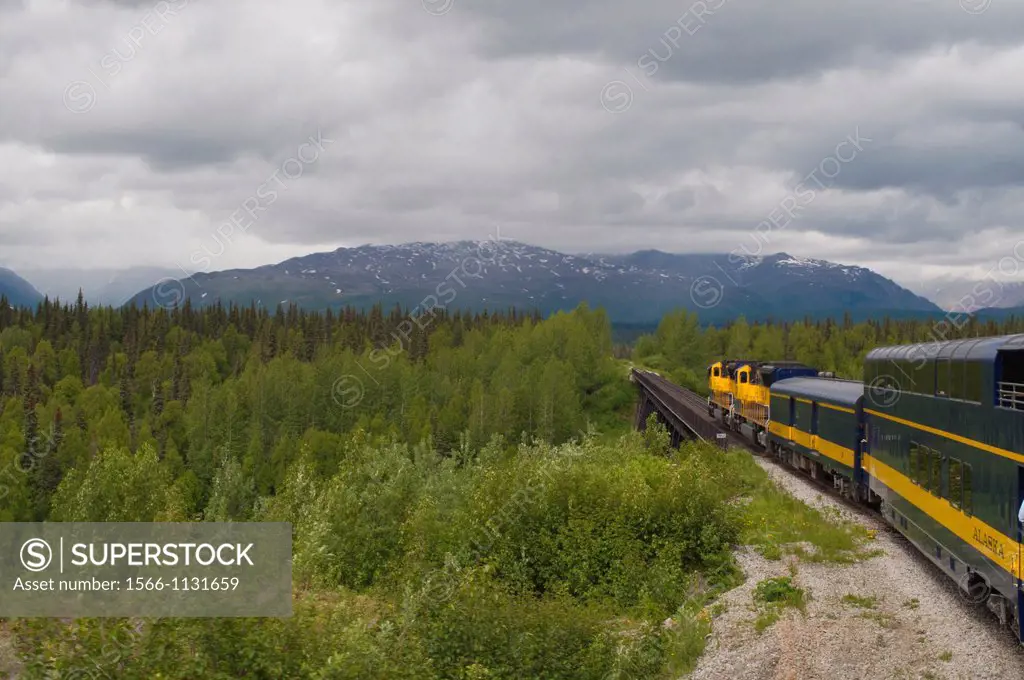 Train crosses trestle bridge on the way to Denali Park, Alaska