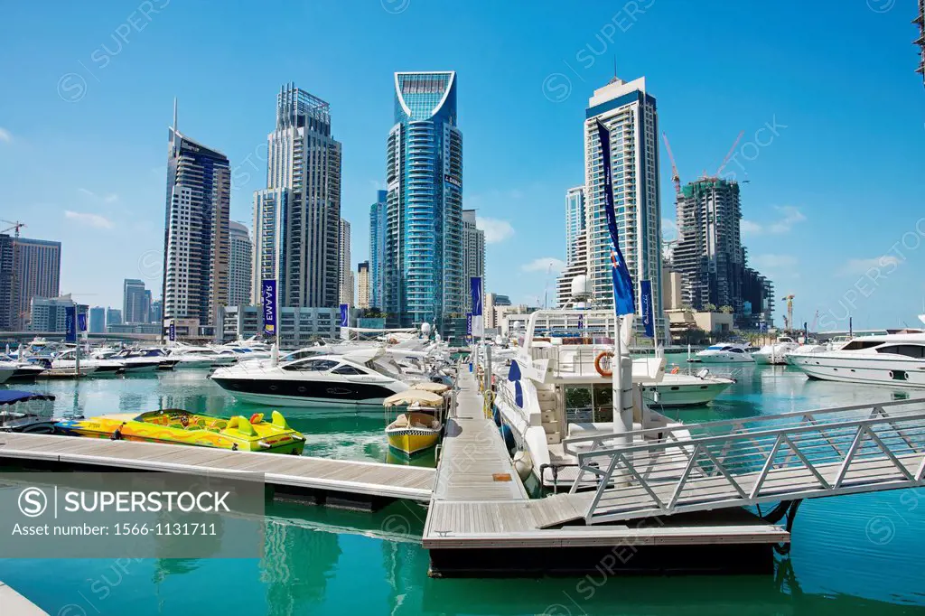 Skyscrapers and Marina in Dubai Marina area, Dubai City, Dubai, United Arab Emirates, Middle East.