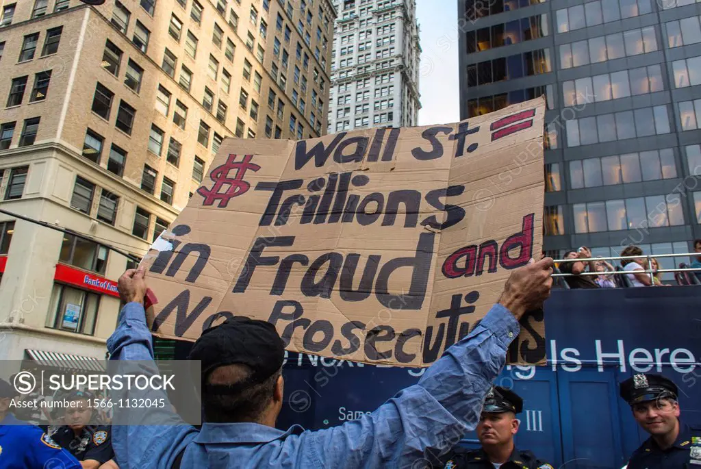 New York City, NY, USA, Protest, Occupy Wall Street, Activists, Anonymous, Holding Sign Against Fraud