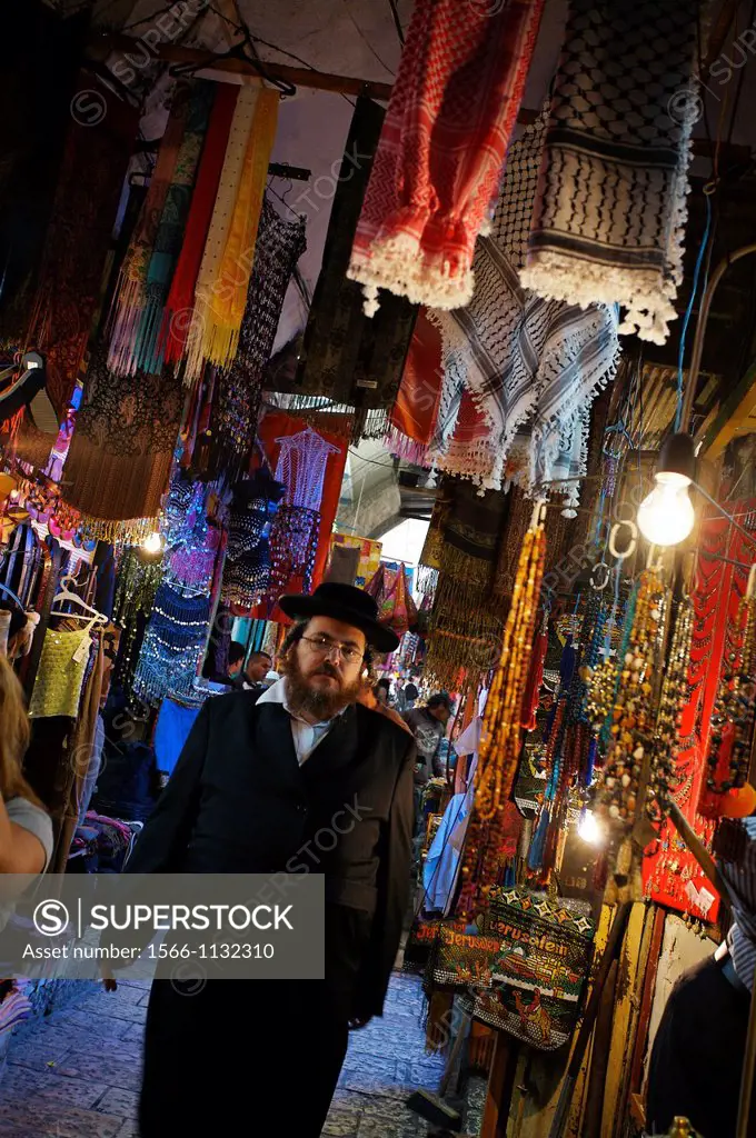 Orthodox Jew, Souk Arabic market in the Palestinian area of Jerusalem  Israel.