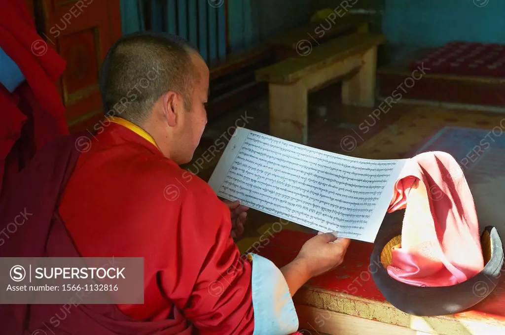 Mongolia, Ulan Bator, Gandan monastery Gandantegchinlen Khiid, monk reading praying book