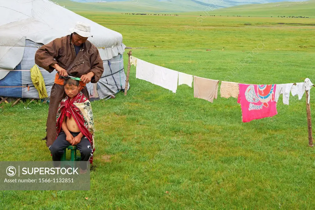 Mongolia, Arkhangai, Yellow Steppe valley, nomad camp, Hair dresser for Javkhlan, 8 year old