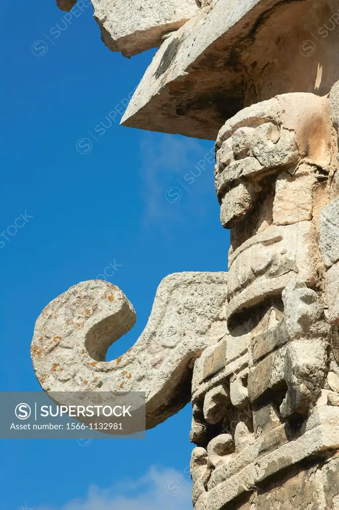 Mexico, Yucatan state, Chichen Itza archeological site, World heritage of UNESCO, the church, mask of Chac Mool, the god of the rain, ancient mayan ru...