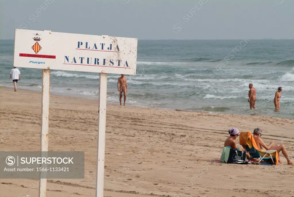 Nudist beach sign, Cullera, Valencia, comunidad Valenciana, Spain, Europe