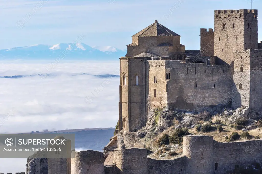 Loarre Castle with foggy background, Huesca, Aragon, Spain