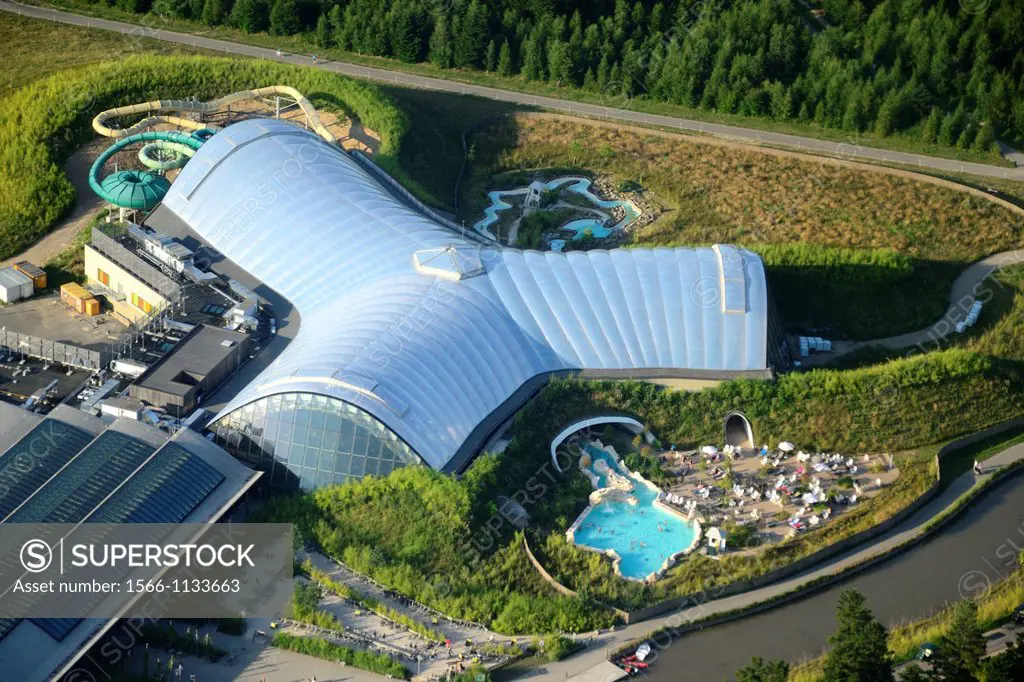 Aerial view Aqua Mundo swimming-pool complex, Trois Forets holiday park by Center Parcs company, Hattigny near Sarrebourg, Moselle, Lorraine region, F...