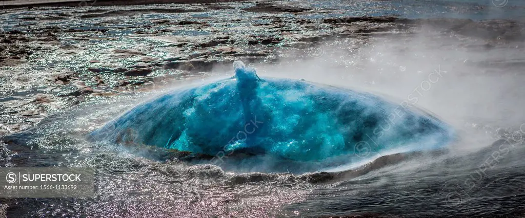 Strokkur geyser just about to erupt, Iceland Strokkur is a fountain geyser in the geothermal area beside the Hvita River  It is one of Iceland´s most ...