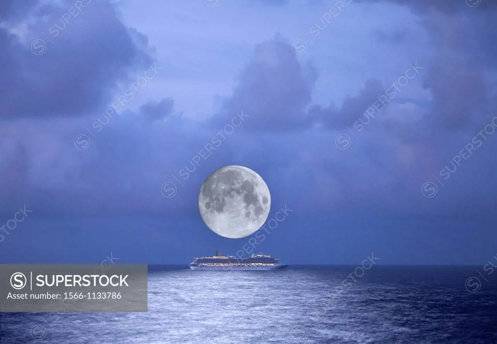 Cruise ship under full moon, Nassau, Bahamas, Caribbean