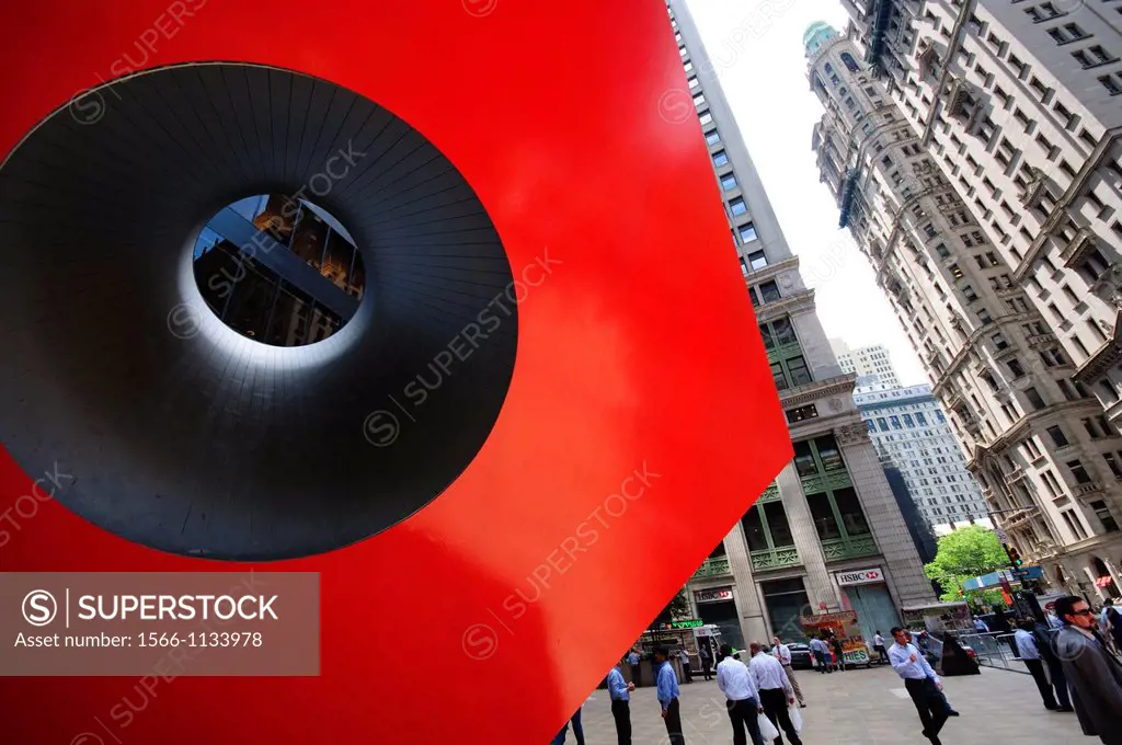 United States, New York City, Lower Manhattan, Financial District, Red Cube, sculpture by Isama Noguchi in front of the Brown Brothers Harriman & Co B...