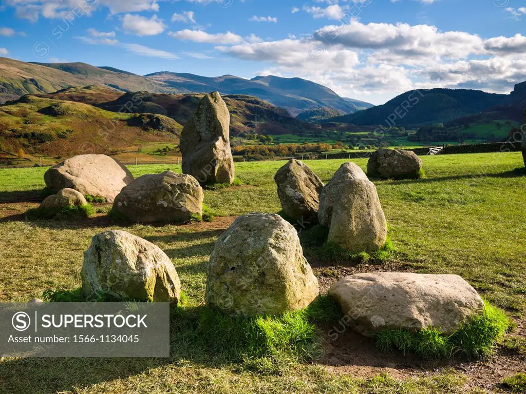 Castlerigg Stone Circle with High Rigg behind  Lake District National Park near Keswick, Cumbria, England, United Kingdom