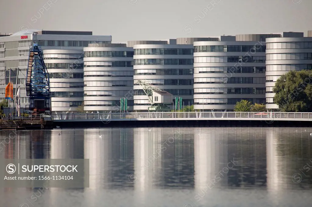 Five Boats office complex, designed by the British architect Nicholas Grimshaw  Duisburg Inner Harbour, Duisburg, North Rhine-Westphalia, Germany, Eu...