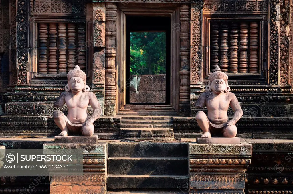 Statues inside the temple of Banteay Srei Angkor Cambodia