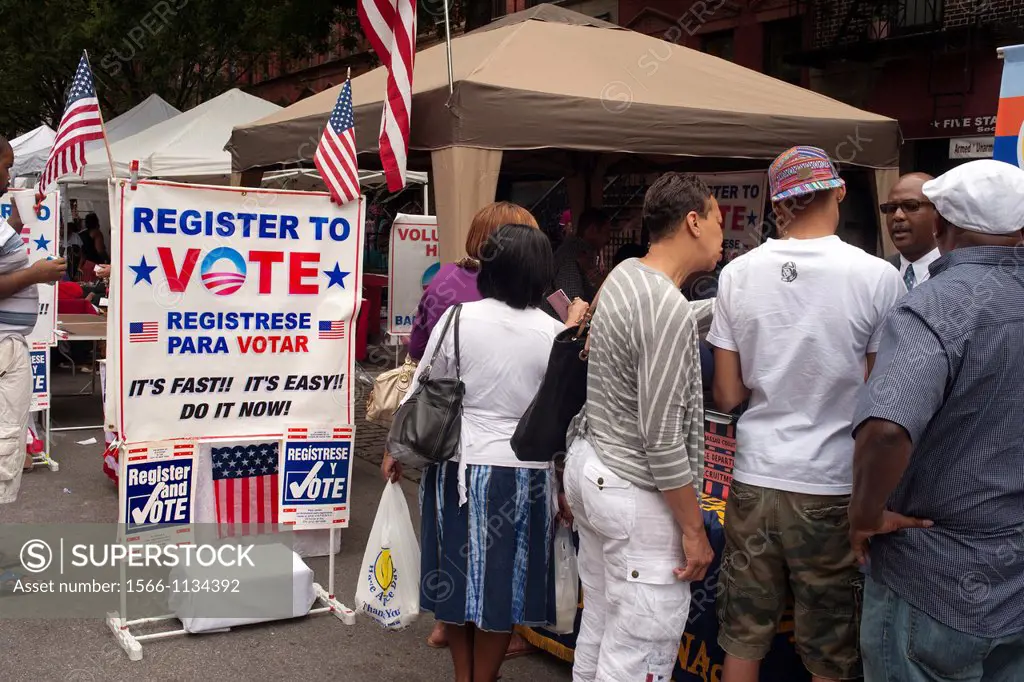 Voter registration booth during the Harlem Week street fair in Harlem in New York