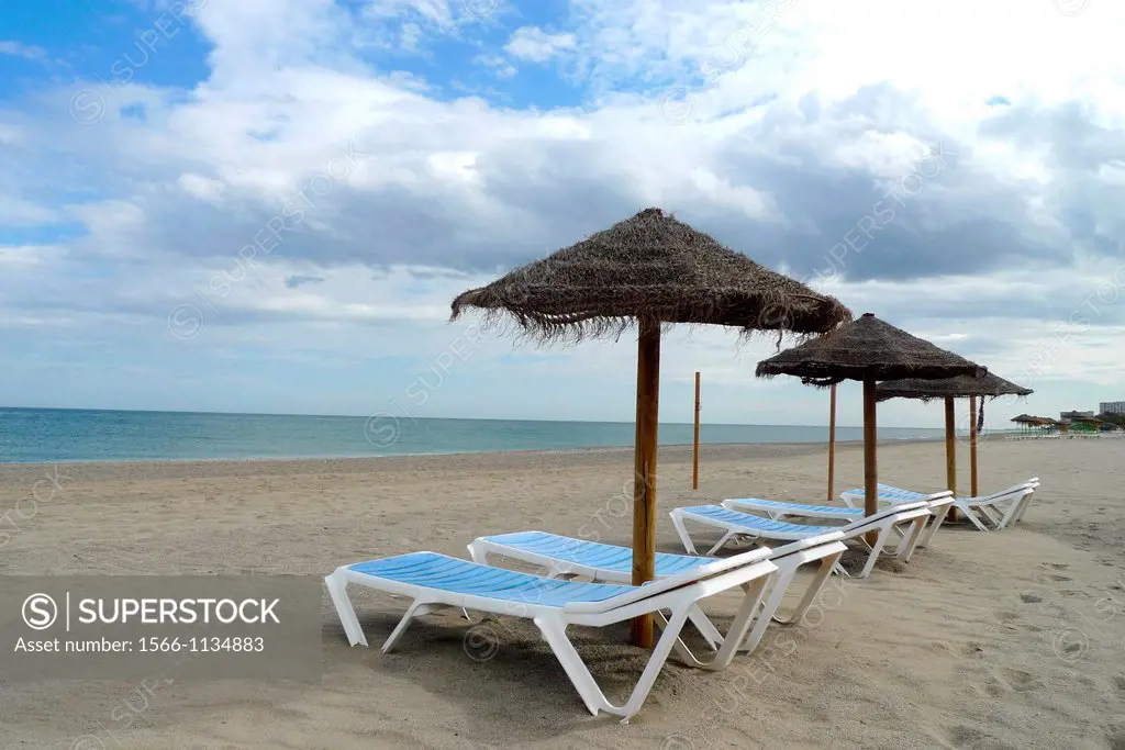 Umbrellas in Playamar beach in Torremolinos, Málaga, Andalucía, Spain