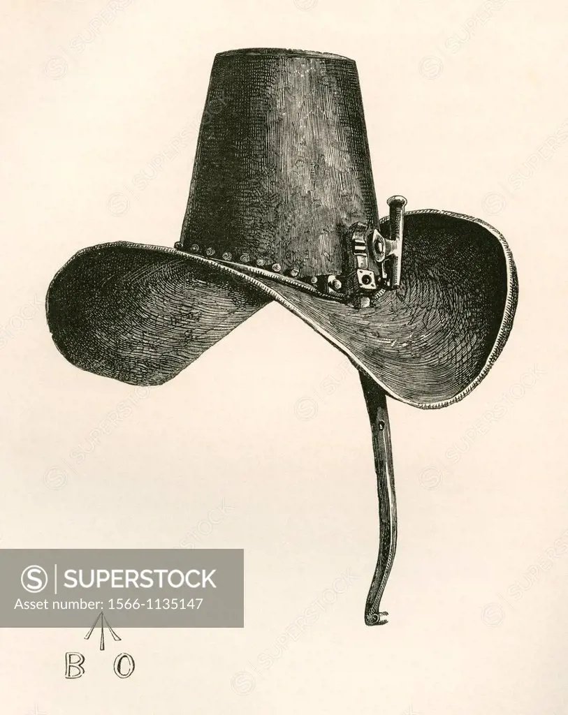 17th century Iron Hat with nose protection, worn by Charles I  From The British Army: It´s Origins, Progress and Equipment, published 1868