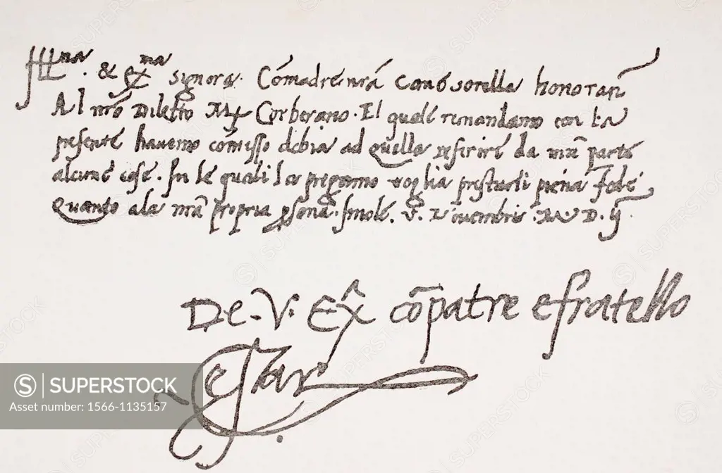 Autograph letter of Cesare Borgia, 1475 or 1476 - 1507 to Isabella Gonzaga  From The Life of Cesare Borgia by Rafael Sabatini, published by Bretano´s ...