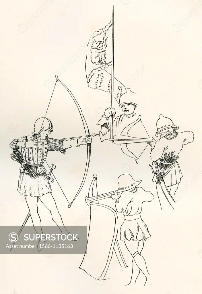 From left clockwise, an archer, the Standard of Richard, Earl of Warwick, a crossbow man and a Pavoiser  From The British Army: It´s Origins, Progress...
