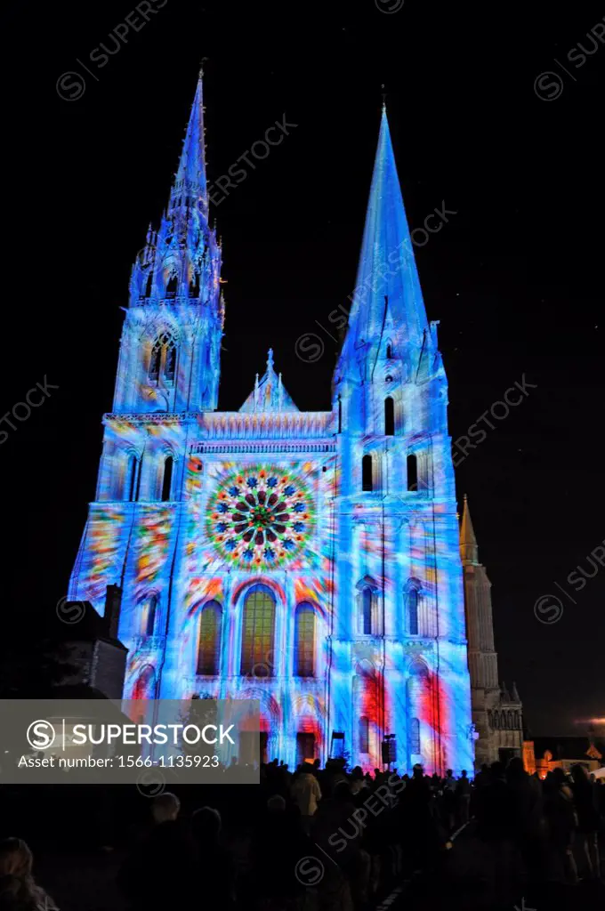 illumination on the west facade of the Cathedrale of Chartres, Eure-et-Loir department, Centre region, France, Europe