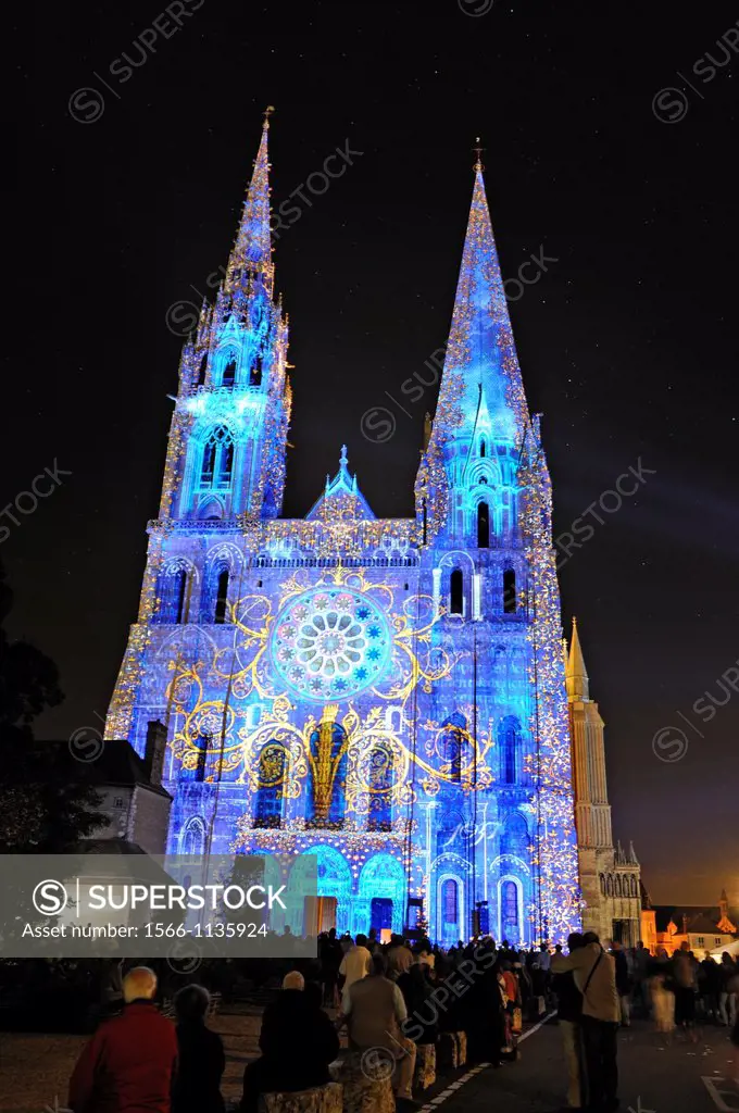 illumination on the west facade of the Cathedrale of Chartres, Eure-et-Loir department, Centre region, France, Europe