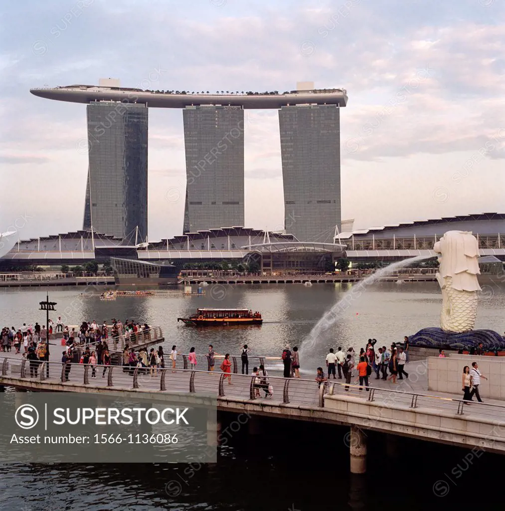 Marina Bay in Singapore Showing the Marina Bay Sands Hotel and Merlion in Southeast Asia Far East.