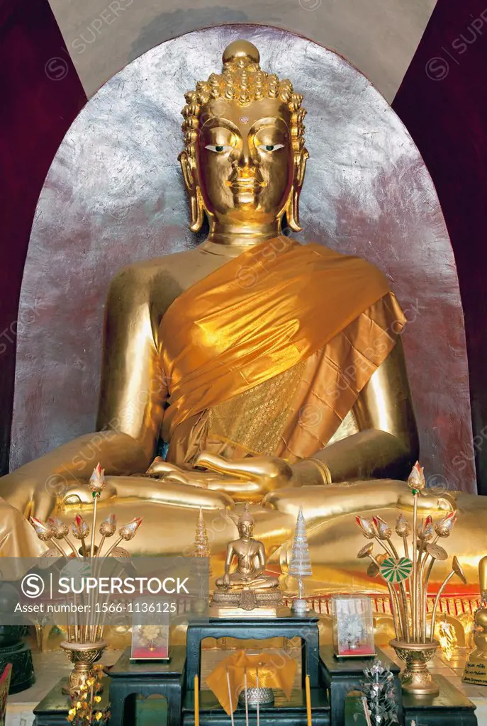 Golden Buddha Image inside Maha Chedi, Wat Chet Yot, Wat Photharam Maha Wihan, Chiang Mai, Thailand