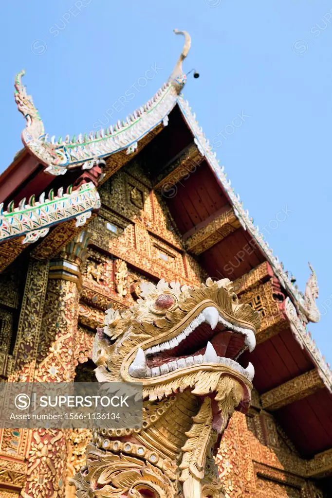 Entrance to Viharn with carved baluster, Wat Mahawan, Chiang Mai, Thailand
