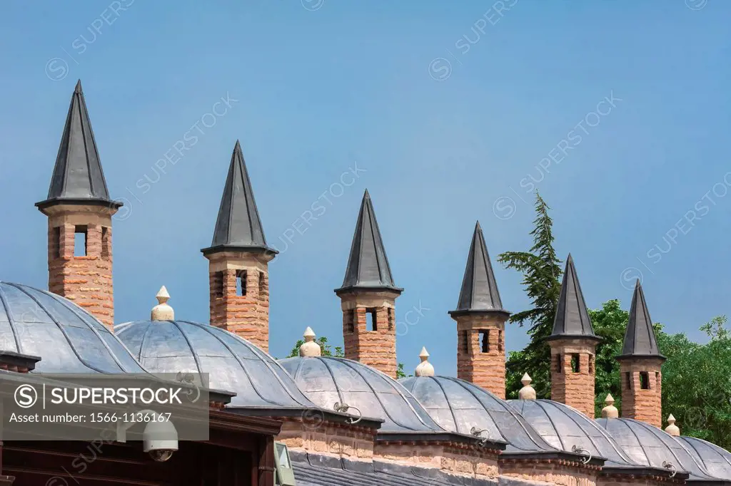 Towers around the Mevlana Rumi mausoleum, Konya, Anatolia, Turkey