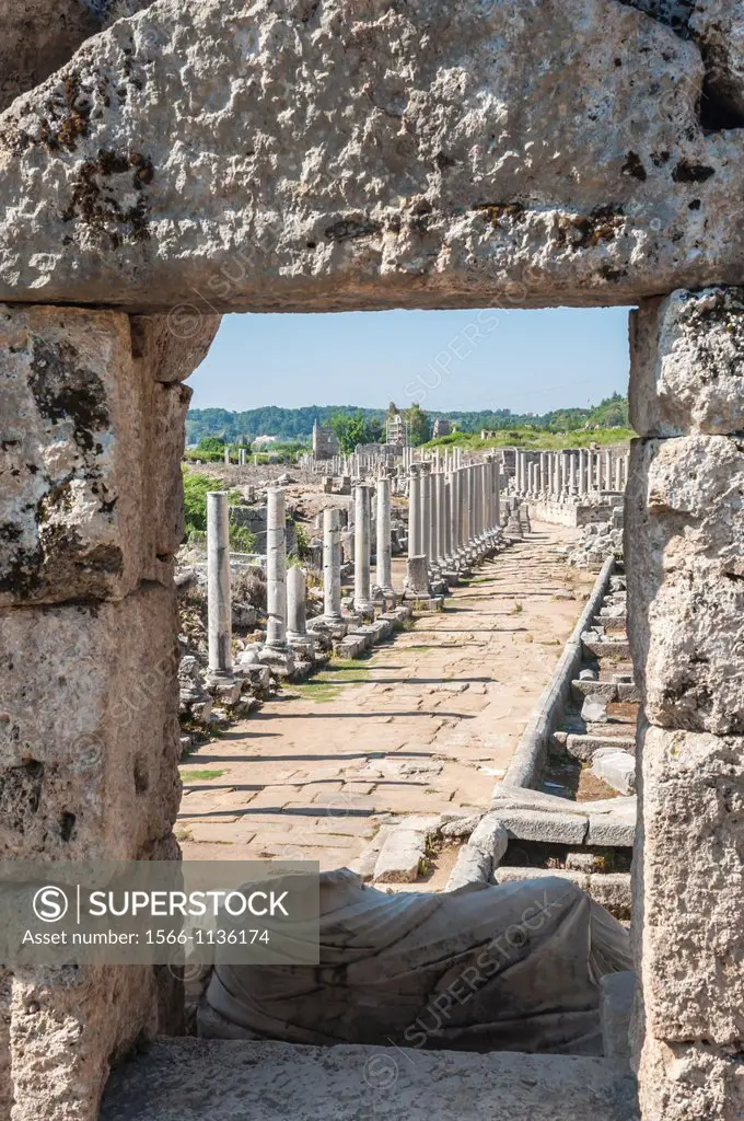 Columned street leading to the Nymphaeum Fountain, Perge, Antalya, Turkey