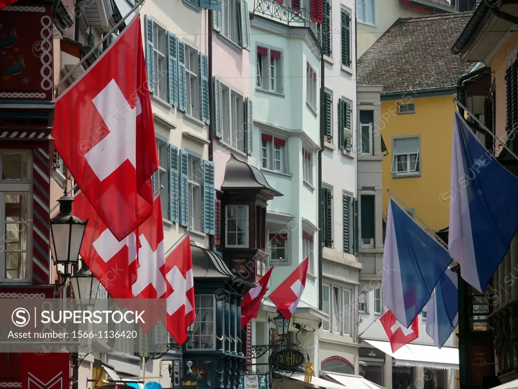 Switzerland, city of Zurich, 1st of august, national day in the old town, flags exhibition