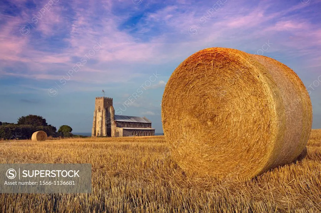 Salthouse Church Stubble and Bales after Harvest Norfolk August