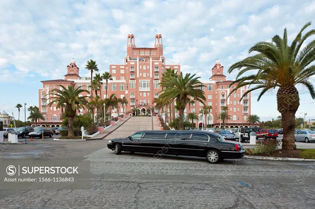 Black stretch limosine turning into the Loews Don CeSar Hotel on the Gulf of Mexico at St  Pete Beach, Florida