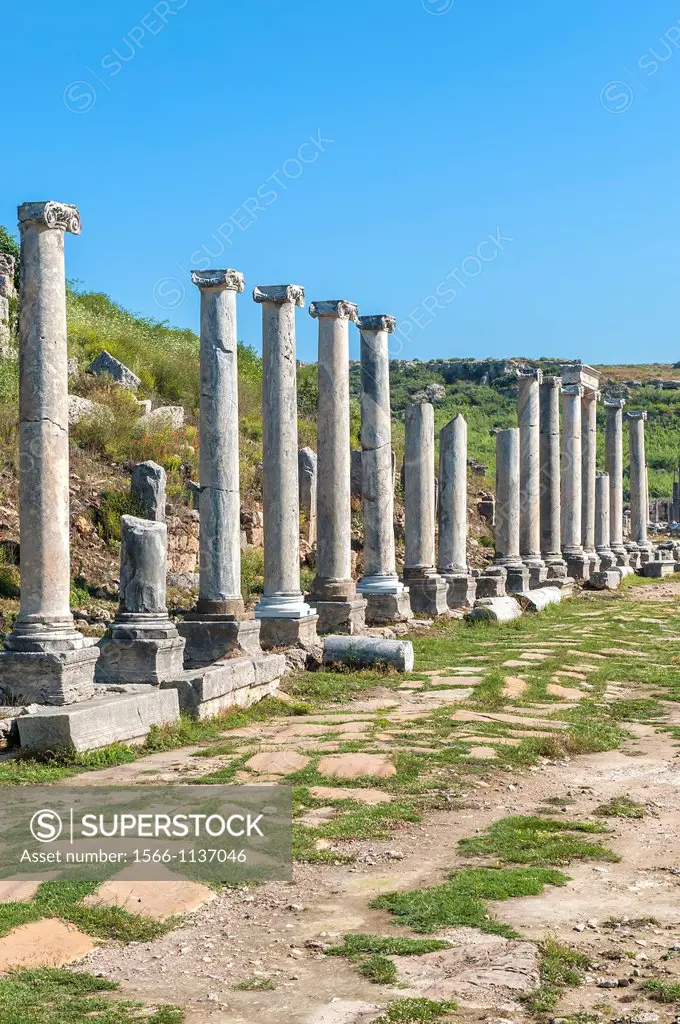 Columned street leading to the Nymphaeum Fountain, Perge, Antalya, Turkey