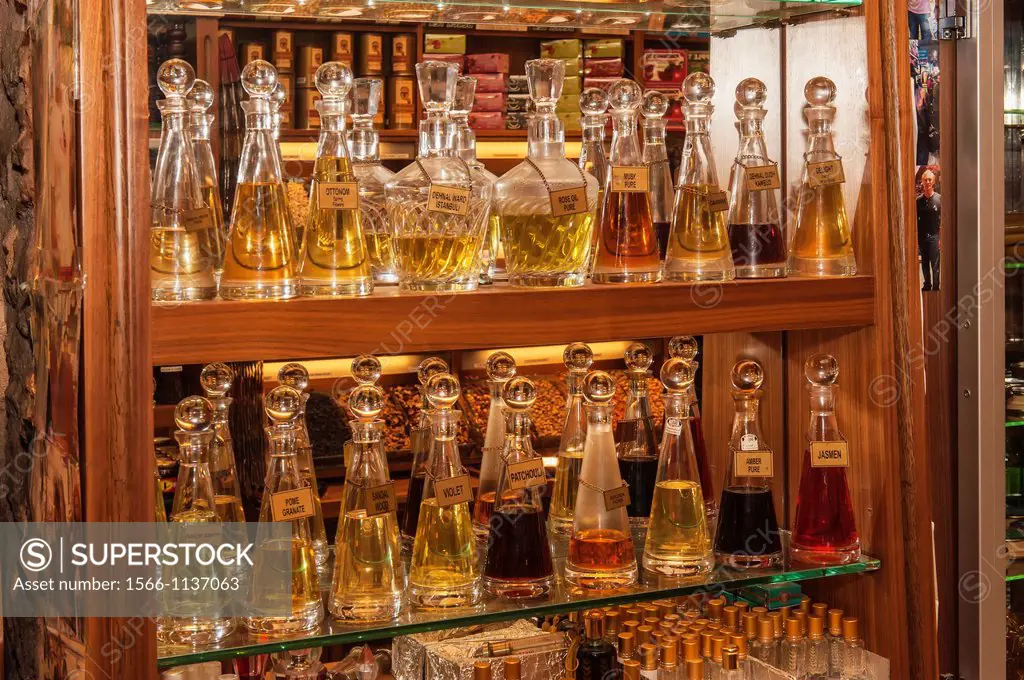 Bottles filled with perfume essence, Egyptian bazaar, Istanbul, Turkey