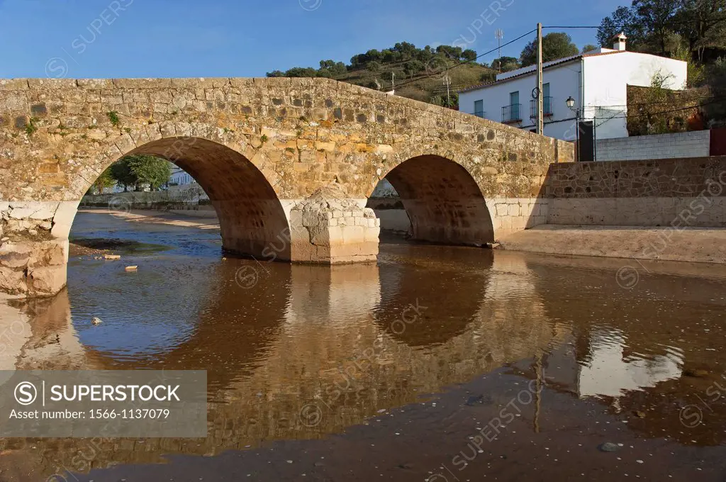 Roman bridge and river Galindon, San Nicolas del Puerto, Seville province, Region of Andalusia, Spain, Europe