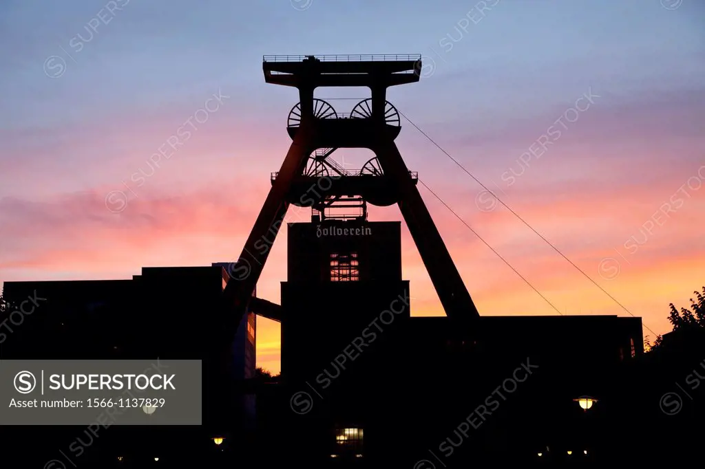 colourful sunset at the winding tower of shaft 12 at Zollverein Coal Mine Industrial Complex in Essen, North Rhine-Westphalia, Germany, Europe