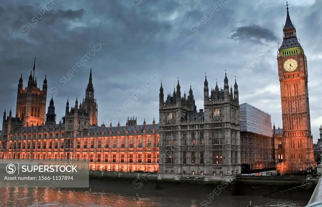 Houses of Parliament and Thames river at evening, London, England  UK