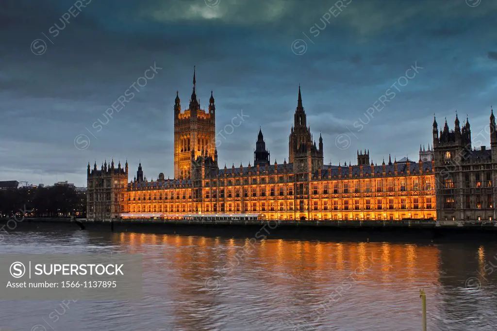 Houses of Parliament, Thames river at evening cloudy , London, England  UK