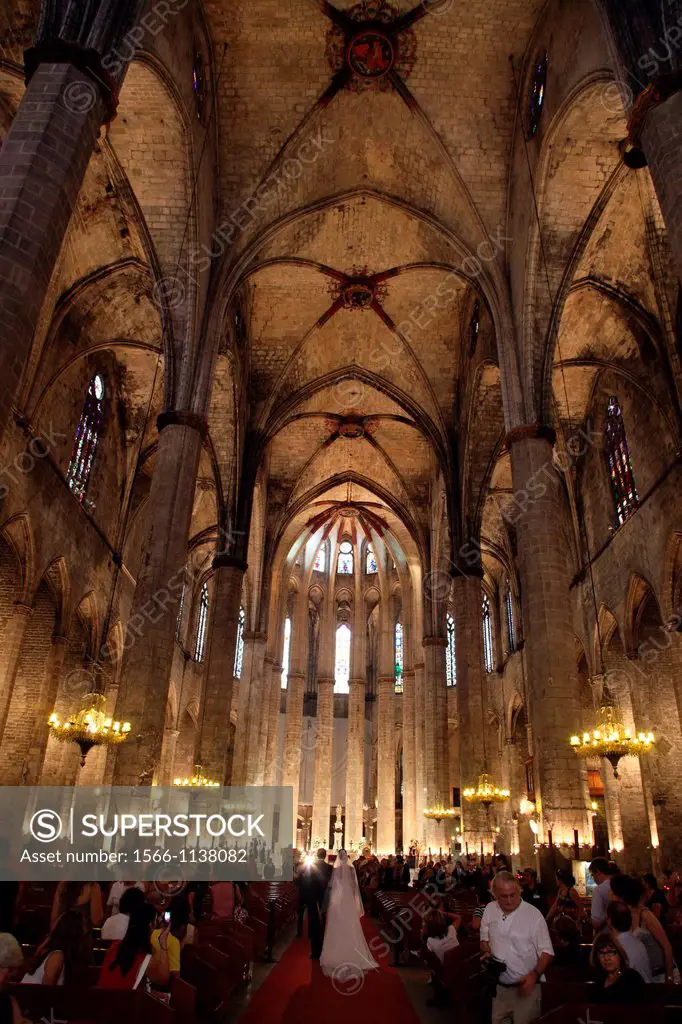 Interior of the Gothic church of Santa Maria del Mar, Barcelona, Catalonia, Spain