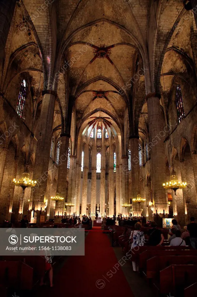 Interior of the Gothic church of Santa Maria del Mar, Barcelona, Catalonia, Spain