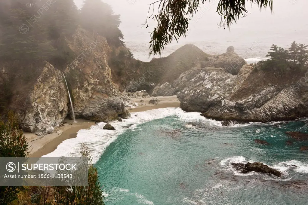 Vista overlooking McWay Falls at Julia Pfeiffer Burns State Park along the Pacific Coast in Big Sur, California