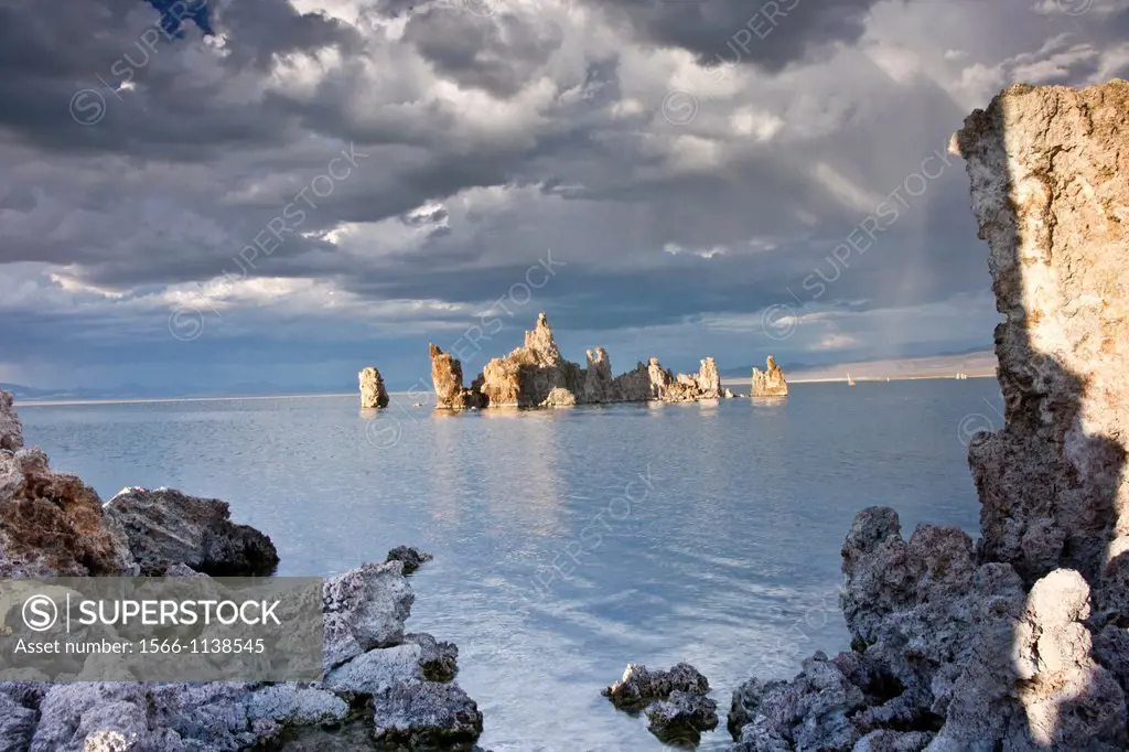 Dramatic sky over the shores of Mono Lake in the Eastern Sierras highlight the strange Tufa rock formations