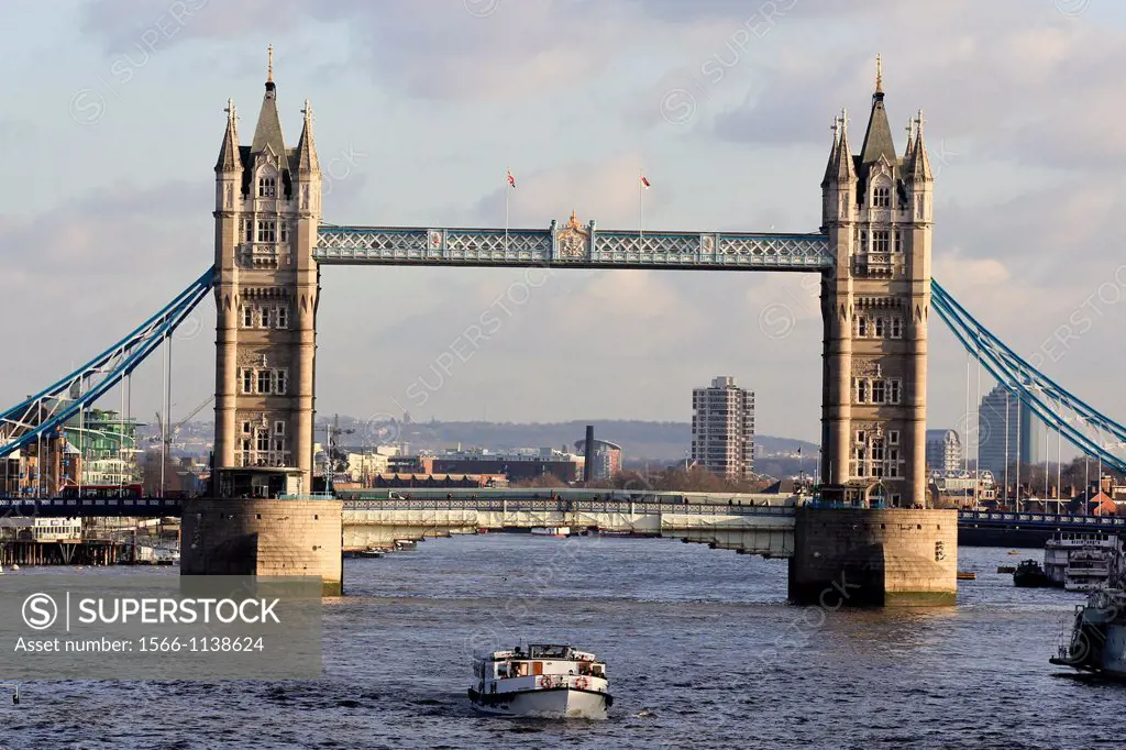 Tower Bridge with boat beautiful day, London, England, UK