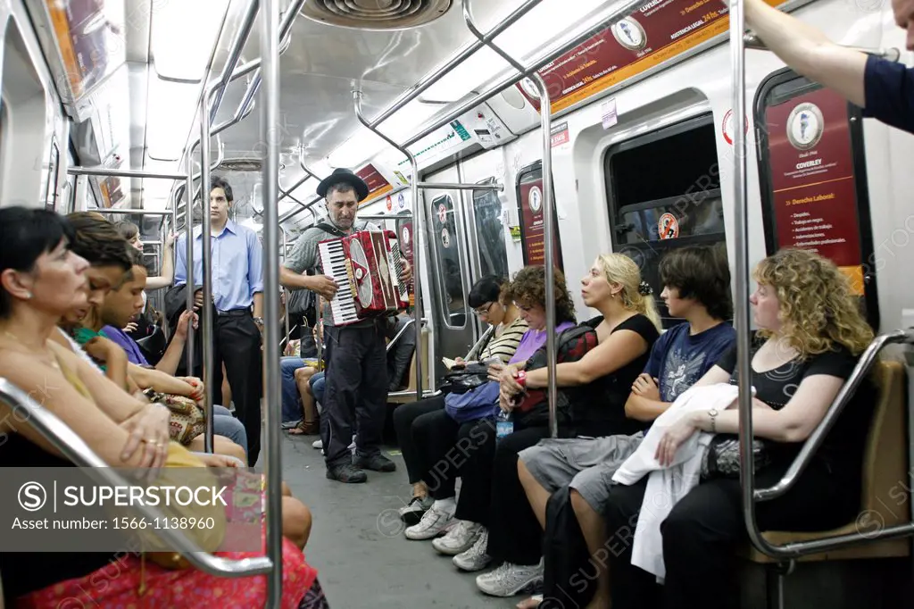 People riding the Subte the underground metro in Bs As, Buenos Aires, Argentina
