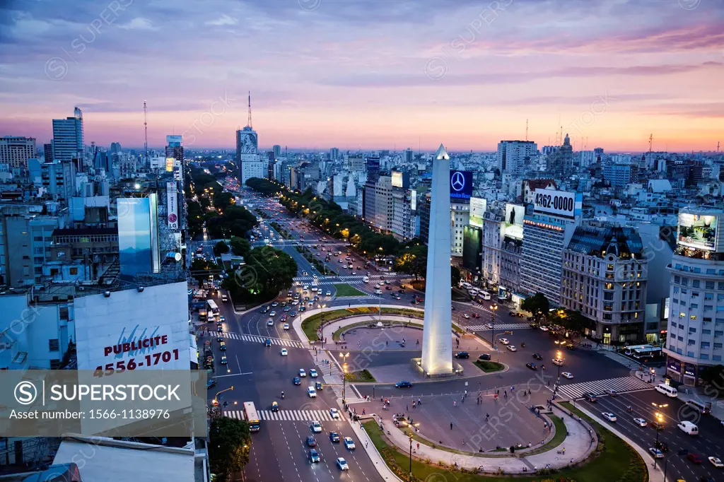 View over Avenida 9 Julio and the obelisk in Plaza Republica, Buenos Aires, Argentina